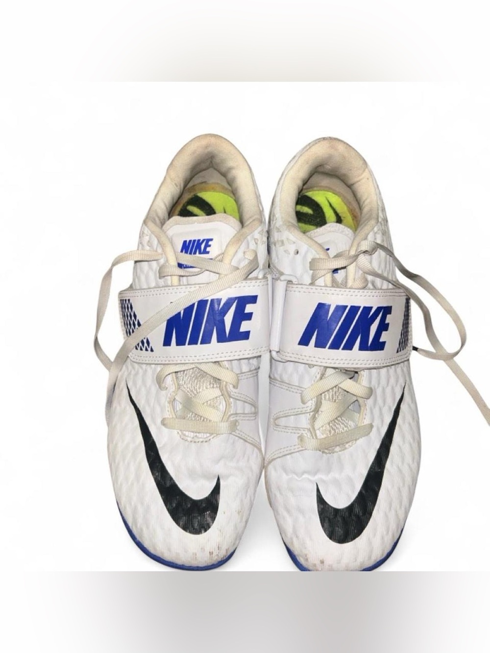 Nike White Athletic High Jump spikes with Black Swoosh and Blue Branding